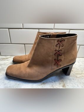 Etienne Aigner Tan Suede Ankle Booties with Side Lace Accent